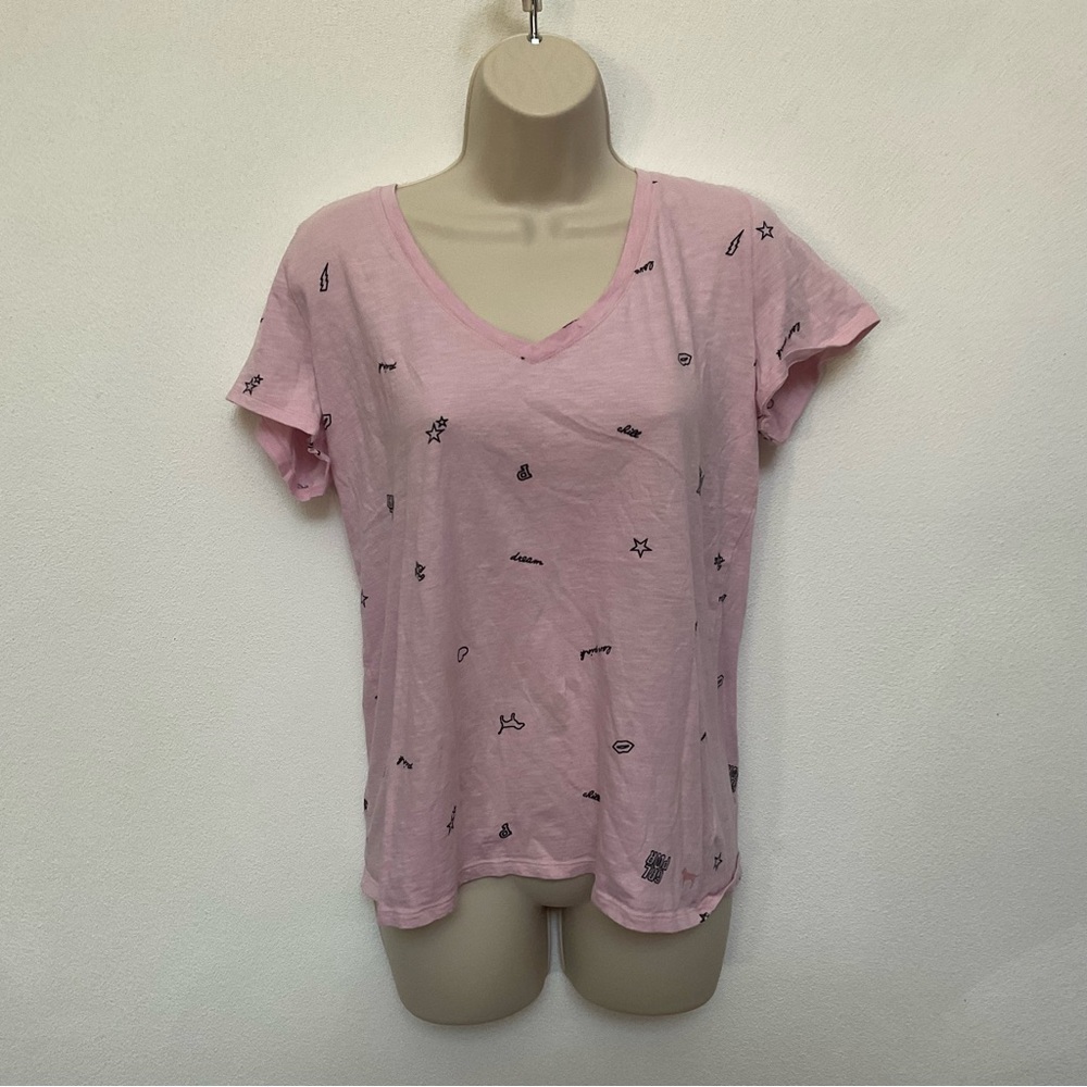 VS Pink Light Pink Graphic V-Neck T-Shirt Size Large Lips Stars Lightning Love